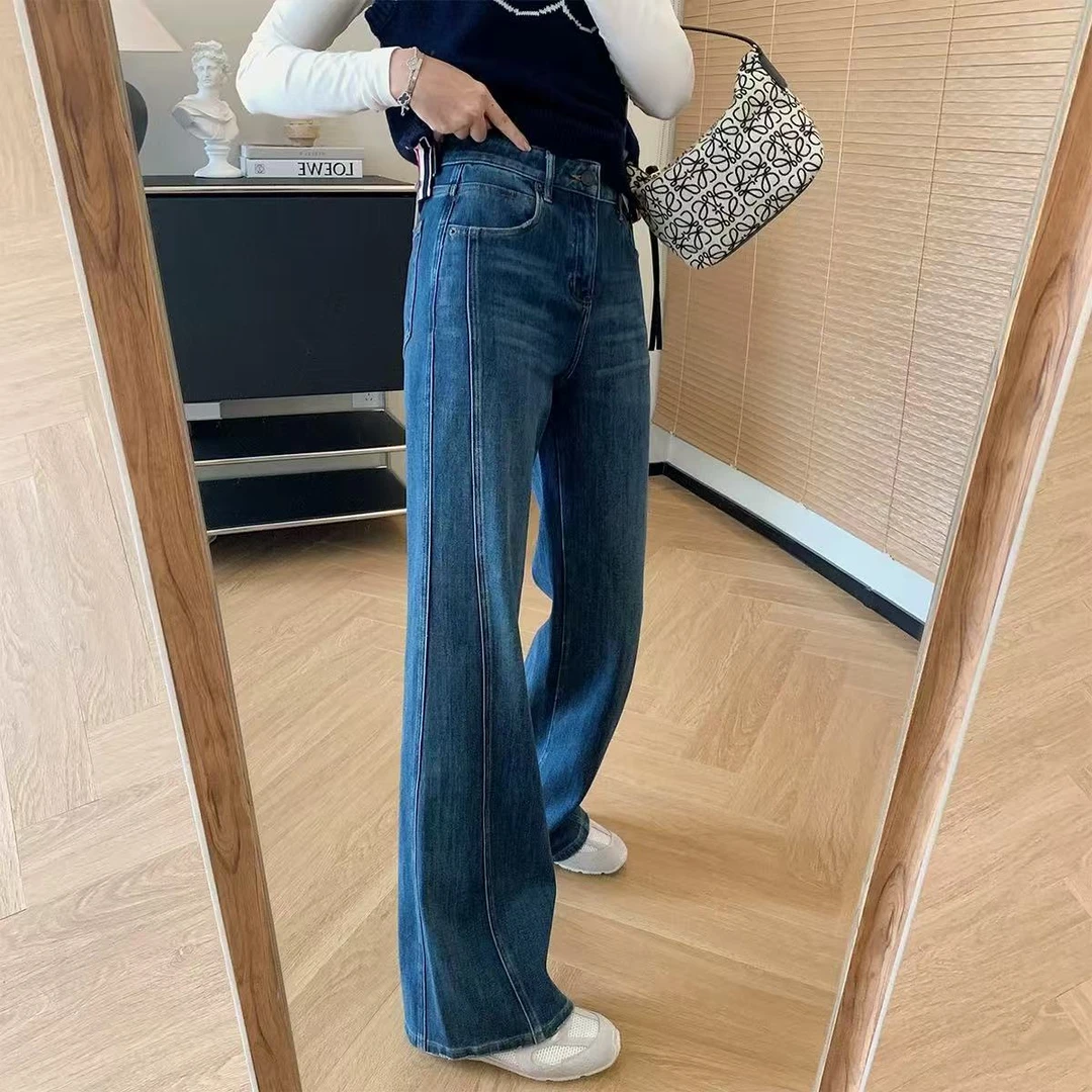 四面弹微喇阔腿裤女春季新款梨形身材大码宽松蓝色遮胯显瘦牛仔裤