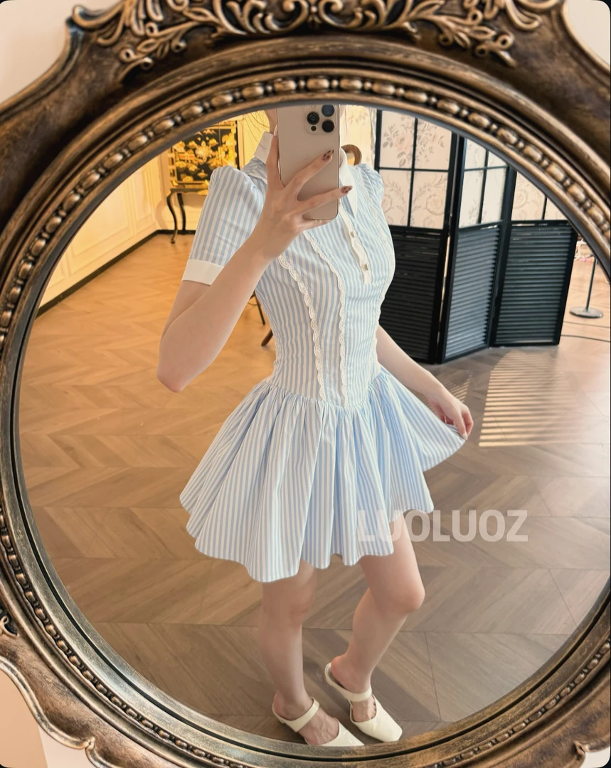 LUOLUOZ【竹涧沁雾】棉材质气质2025夏季polo领时尚短款连衣裙JF883