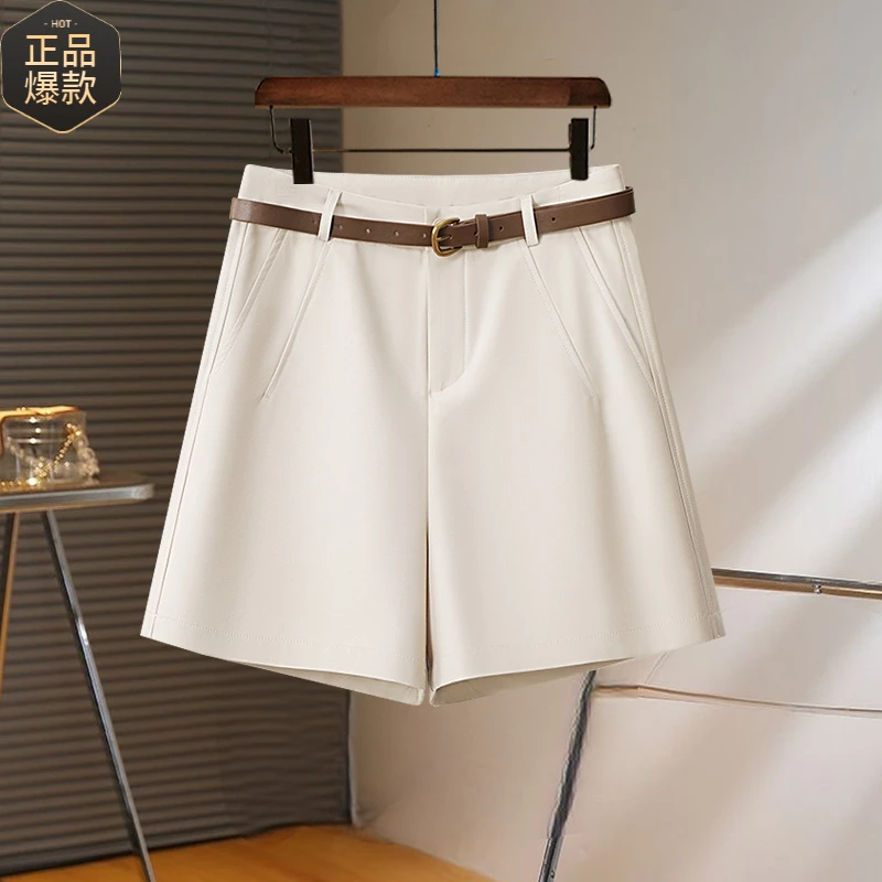 米杏色西装短裤女2025年夏季薄款通勤时尚高腰窄版垂感显瘦阔腿裤