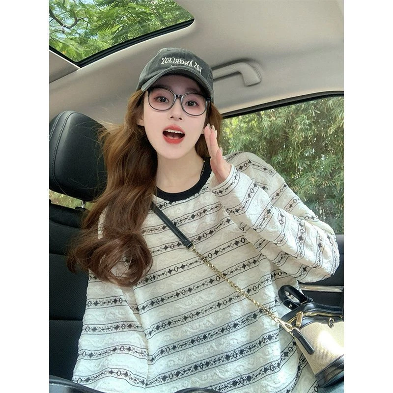 【ZHAP】白色条纹长袖t恤女2025新款设计感宽松慵懒风秋冬款打底衫