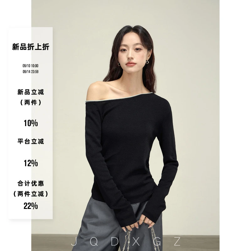 黑色斜肩上衣女秋慵懒风套头针织衫撞色宽松显瘦长袖25QZ0741