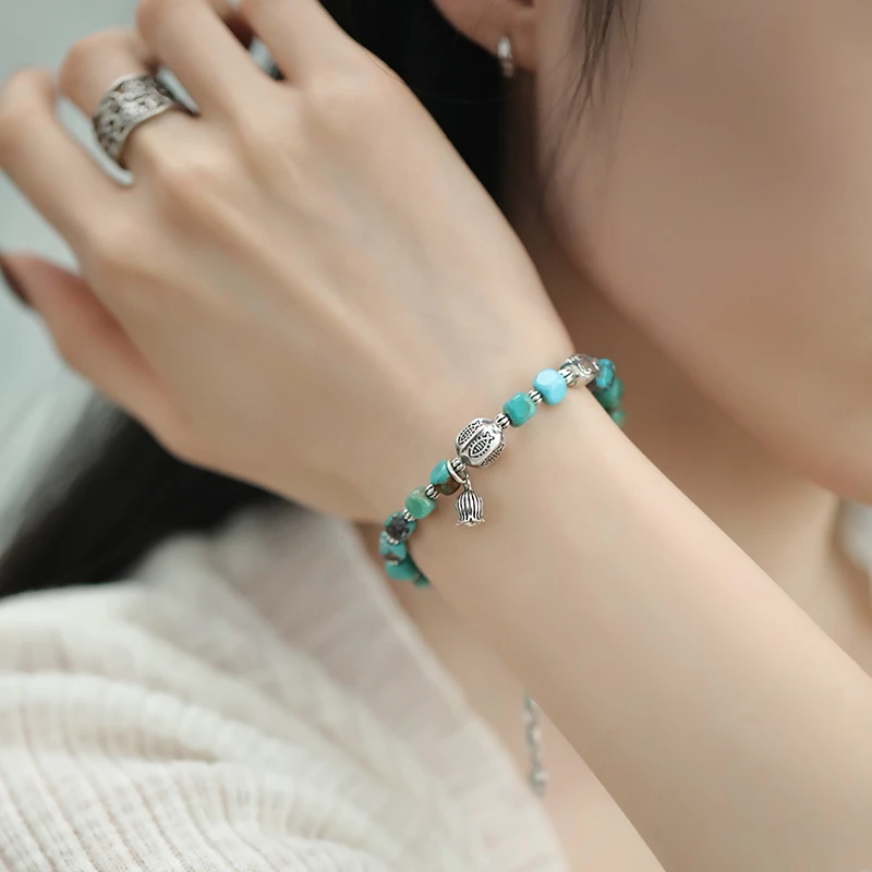 <一禅兄>S925银方形绿松石铜钱铃兰花吊坠鱼纹珠手链深浅不一