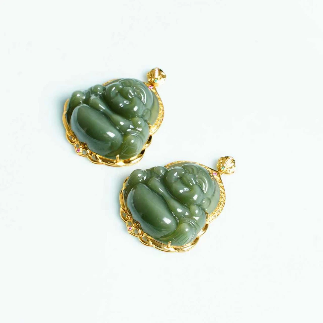 【矿姐珠宝】天然和田玉碧玉18k金镶猫眼佛公卡30mm多样性发货