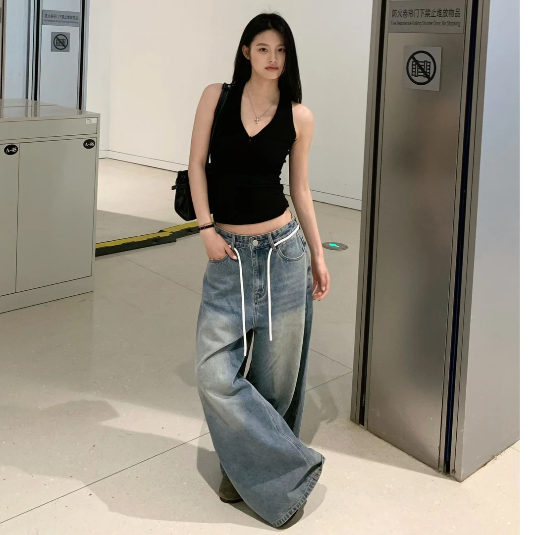 （饼饼专属）春夏新款阔腿洗水慵懒感低腰牛仔裤女复古抽绳垂感长裤