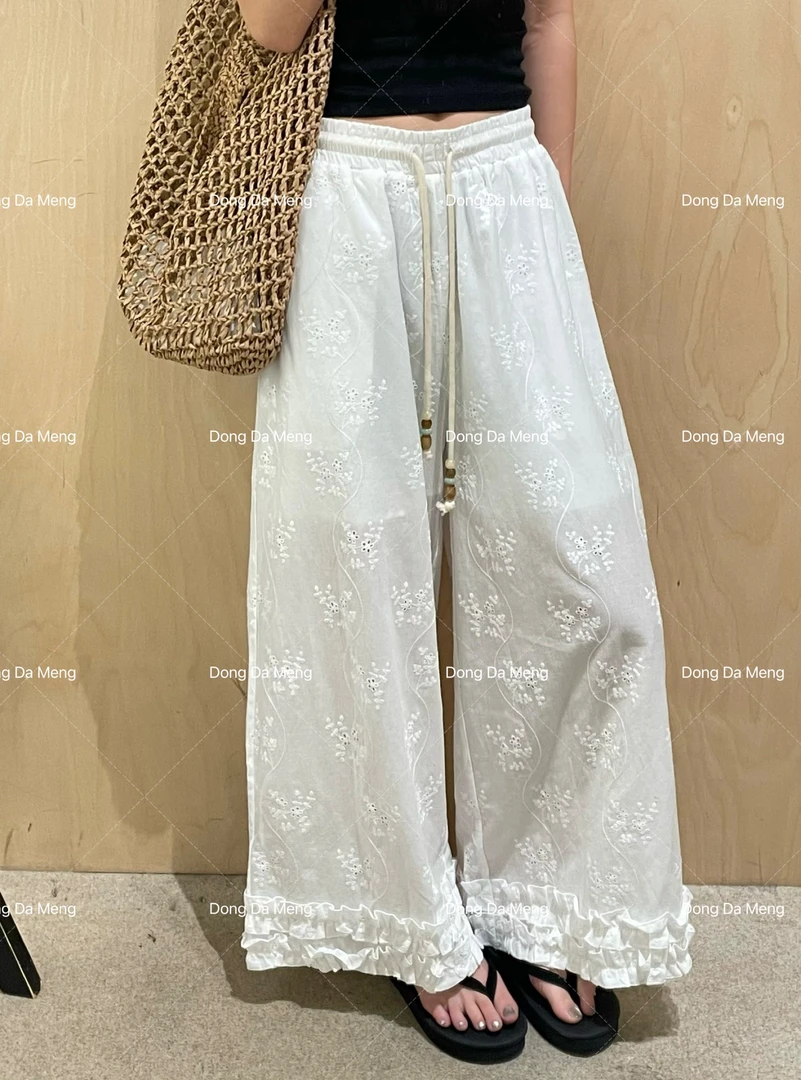 1381蕾丝花边勾花宽松休闲薄款防晒长阔腿裤