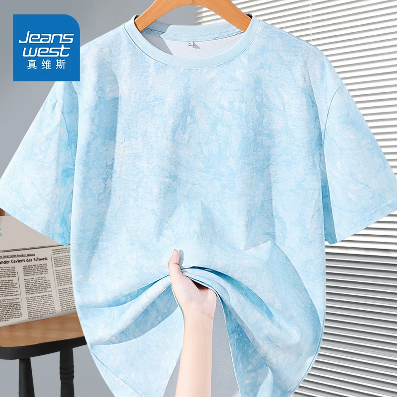 ZD真维斯蓝色纯棉扎染短袖女t恤夏季甜美可爱风格衣服圆领上衣