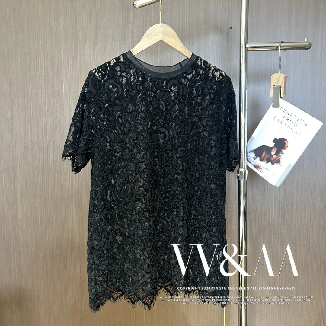 VV&AA 新款高级感显瘦短袖复古蕾丝圆领上衣 VA8776