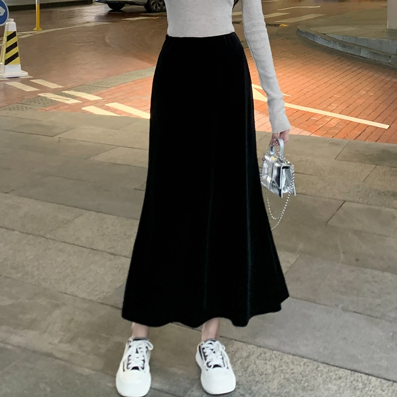 黑色半身裙金丝绒鱼尾裙时尚显瘦百搭高腰中长款包臀裙半身长裙子