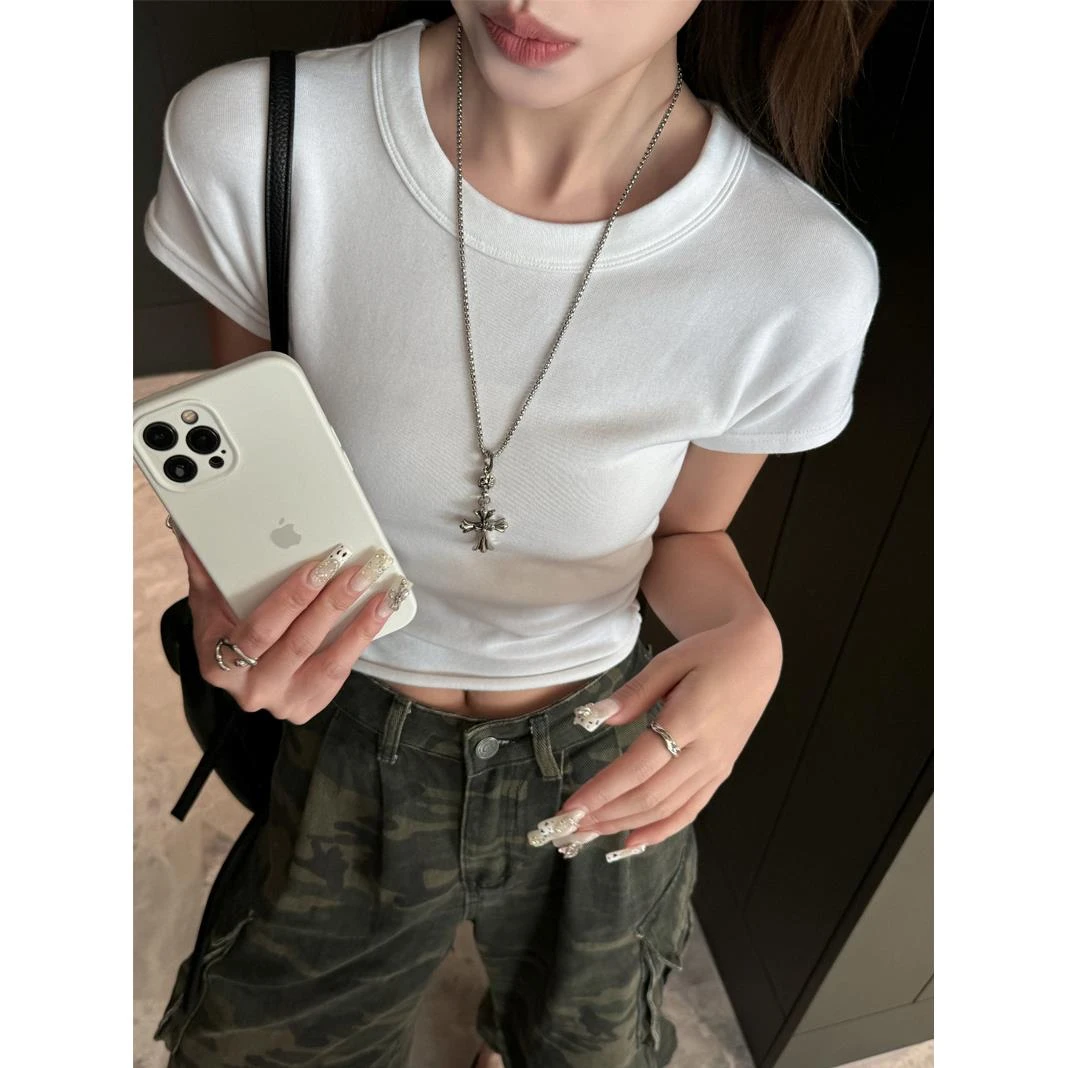 品质仿羊绒短款辣妹圆领正肩t恤女短袖夏季修身显瘦韩系女装上衣