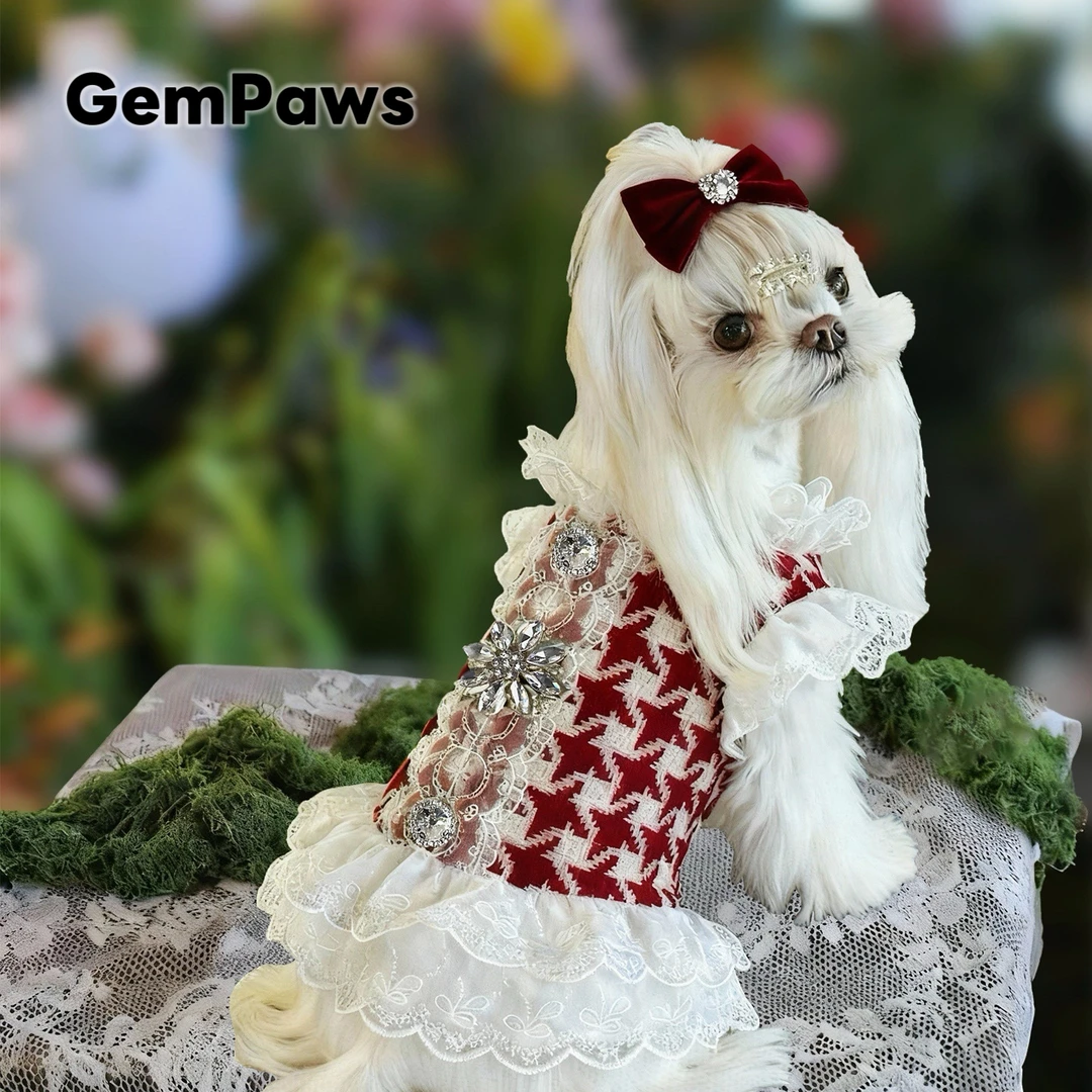 GemPaws冬季新款高定法式宠物裙狗狗千鸟格礼服裙小型犬宠物衣服