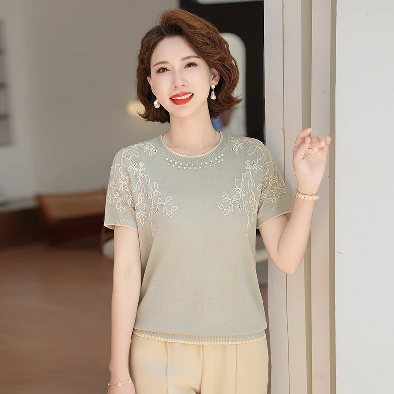 妈妈夏季短袖T恤圆领针织打底衫洋气中老年女装薄款打底小衫上衣