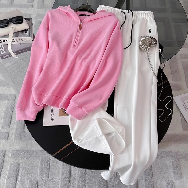 高级感欧货休闲时尚套装女秋2025新款粉色连帽上衣阔腿裤两件套