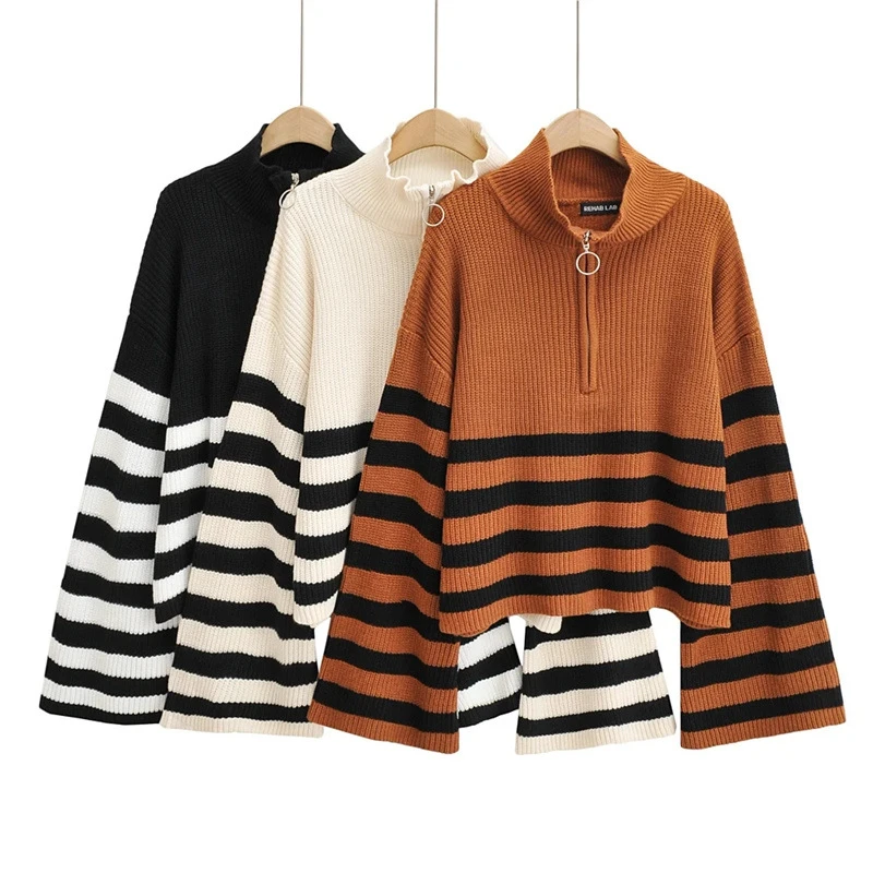 复古慵懒风半拉链撞色条纹喇叭袖针织衫时尚宽松显瘦套头毛衣秋冬