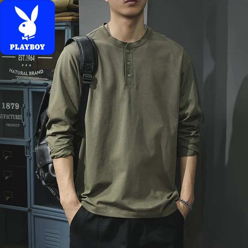 花花公子春季新款简约纯色长袖t恤男复古亨利领卫衣宽松重磅纯棉