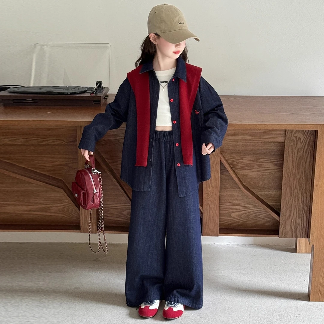 女童牛仔套装春秋款2025新款女孩大童韩系衬衫穿搭儿童秋装三件套