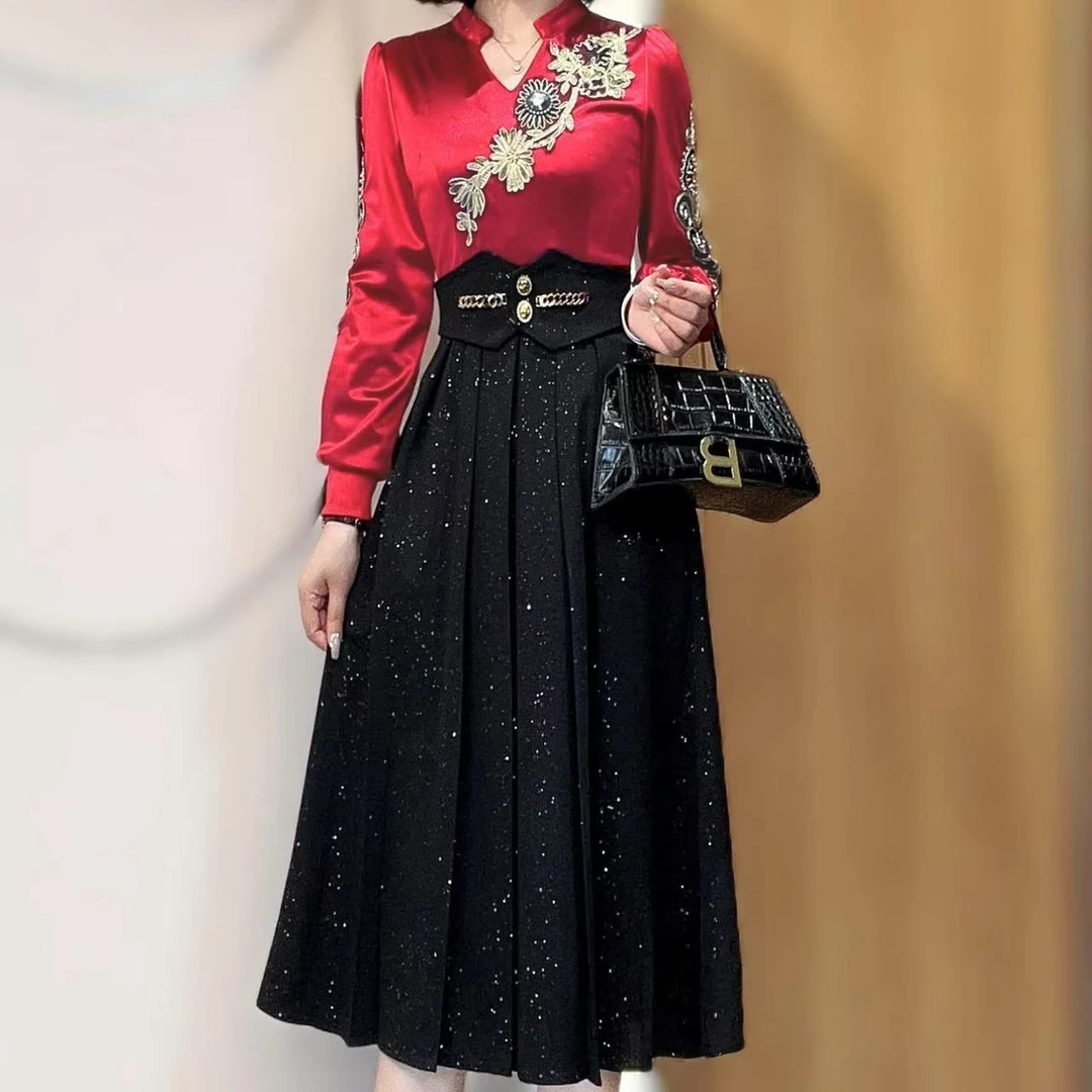 【画龙点睛】[薇薇]高定刺绣法式复古拼接气质显瘦轻奢连衣裙-82689