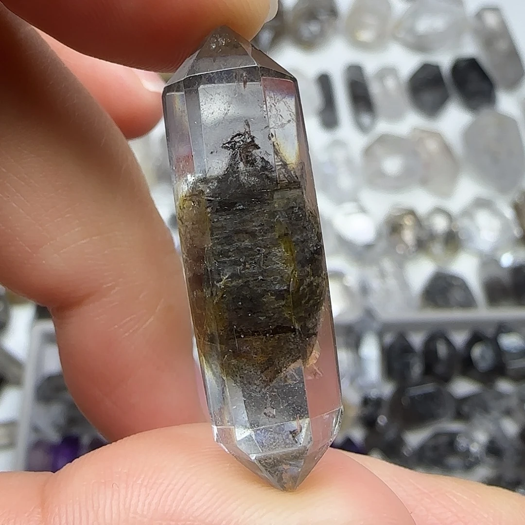 水晶珠宝半成品未镶嵌黄胶花共生糖心闪灵双尖