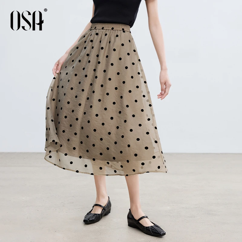 OSA复古半身裙女过膝高腰波点裙春夏橡胶腰头裙子S125B51003