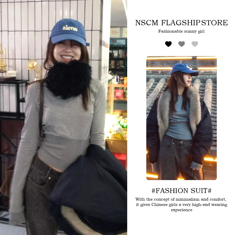 NSCM秋冬新款出游服装女韩版修身t恤气质时尚毛领外套休闲裤套装