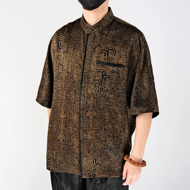 88576 男士连身袖立领开衫 桑蚕丝素平缎香云纱夏季复古短袖