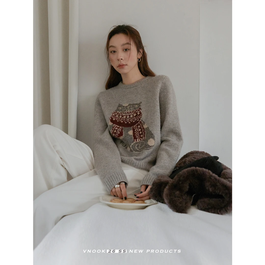 vnook小猫提花套头毛衣女冬季新款韩系小众短款圆领针织衫上衣