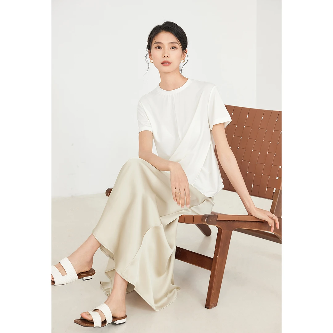 【重百粉丝专属】D01对白蚕丝混纺两穿圆领短袖t恤女收腰EDT065