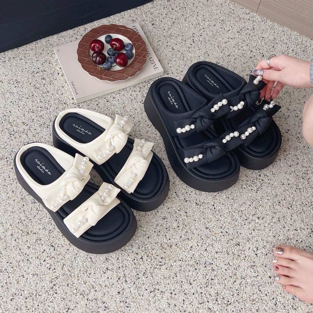 新疆佳佳鞋品 2025夏季新款厚底公主风珍珠蝴蝶结拖鞋980-2A