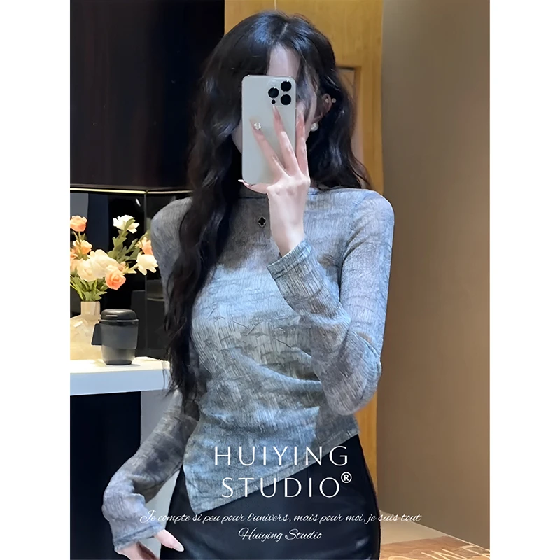 法式高级感别致扎染长袖上衣女秋季新款内搭修身打底衫设计感小众