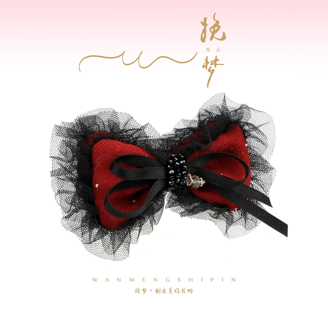 【小魔仙】新款精致红色蝴蝶结黑网纱边时尚香蕉夹WM-1384