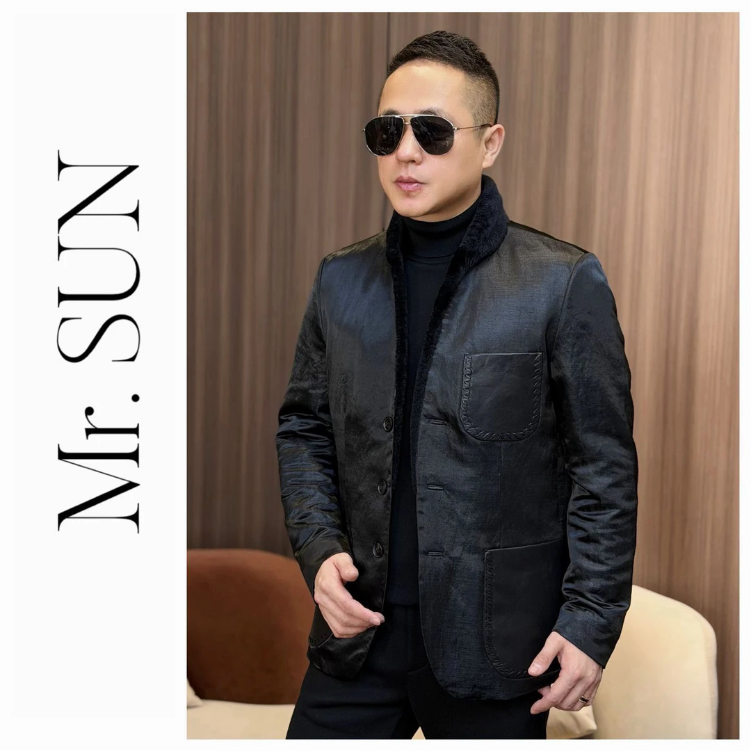 孙先生男装|高级感光面缎面鹅绒西服拼羊皮羊毛领羽绒西服外21109