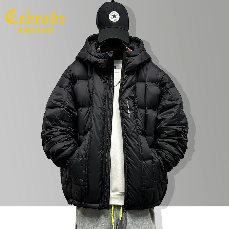法国Cebrodz暖核黑色连帽短款羽绒服男冬季防寒加厚保暖男士外套