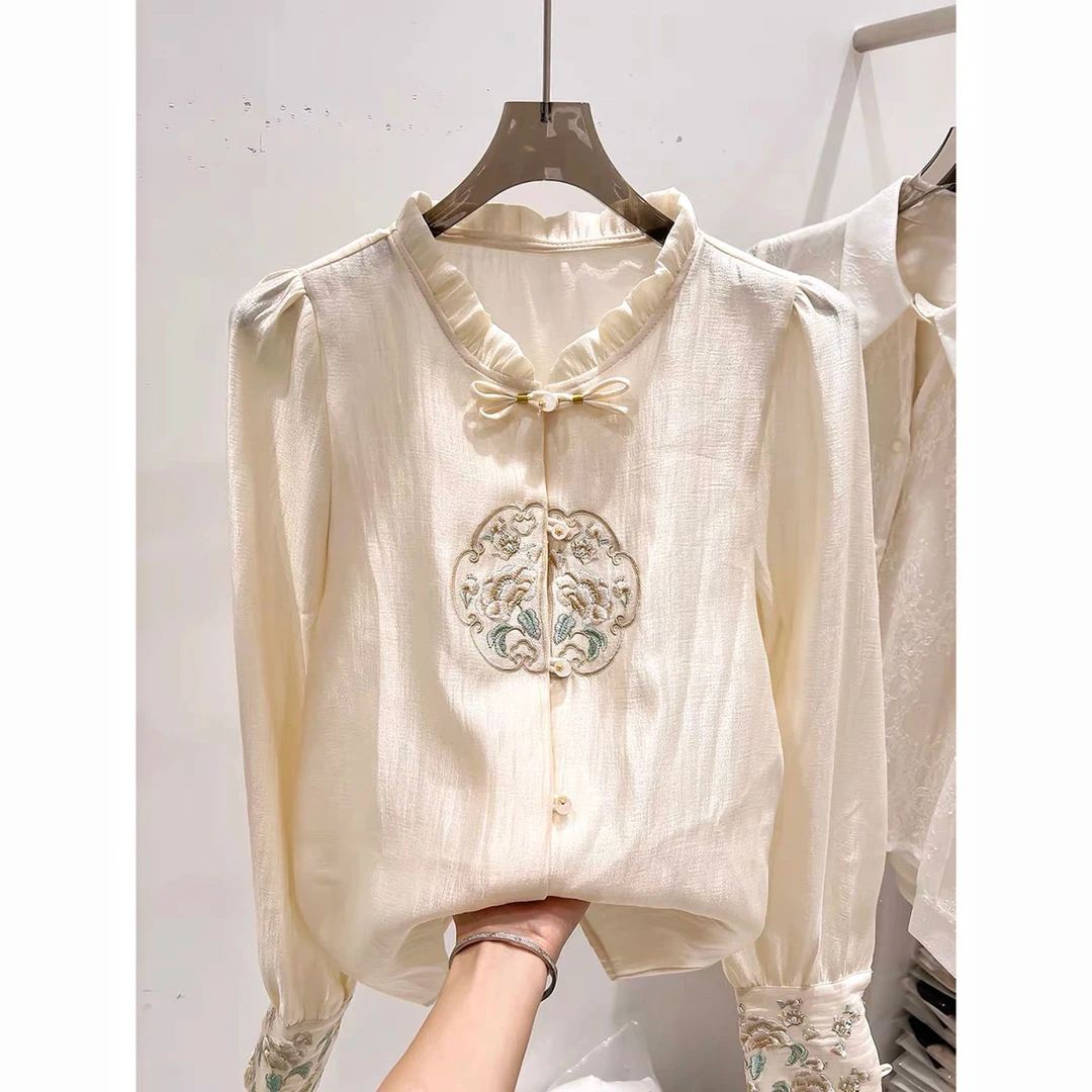 高档缎面立领盘扣刺绣衬衫#3323女春夏宫廷风气质洋气轻国风上衣