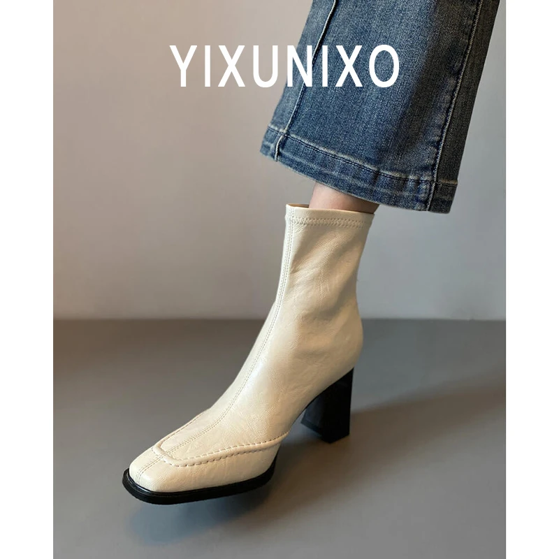 羊皮版~法式复古高跟马丁靴女百搭白色高跟短靴子粗跟秋冬弹力靴