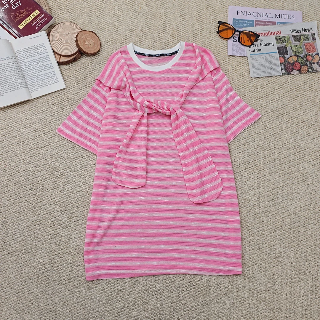 2025夏季新款时尚休闲条纹带披肩防晒针织短袖1580