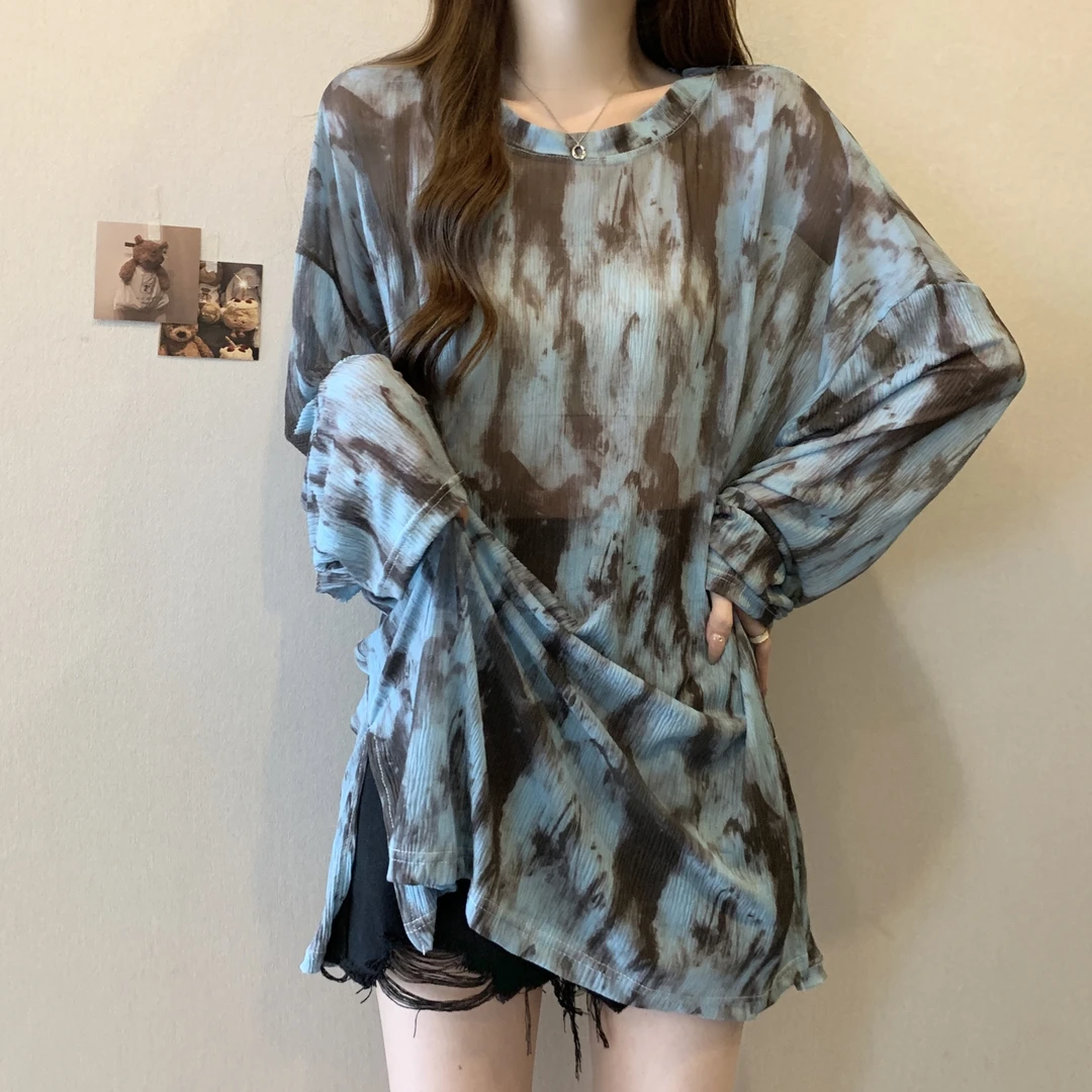 慵懒风扎染冰丝长袖t恤女夏季薄款防晒罩衫大码胖mm宽松长款上衣