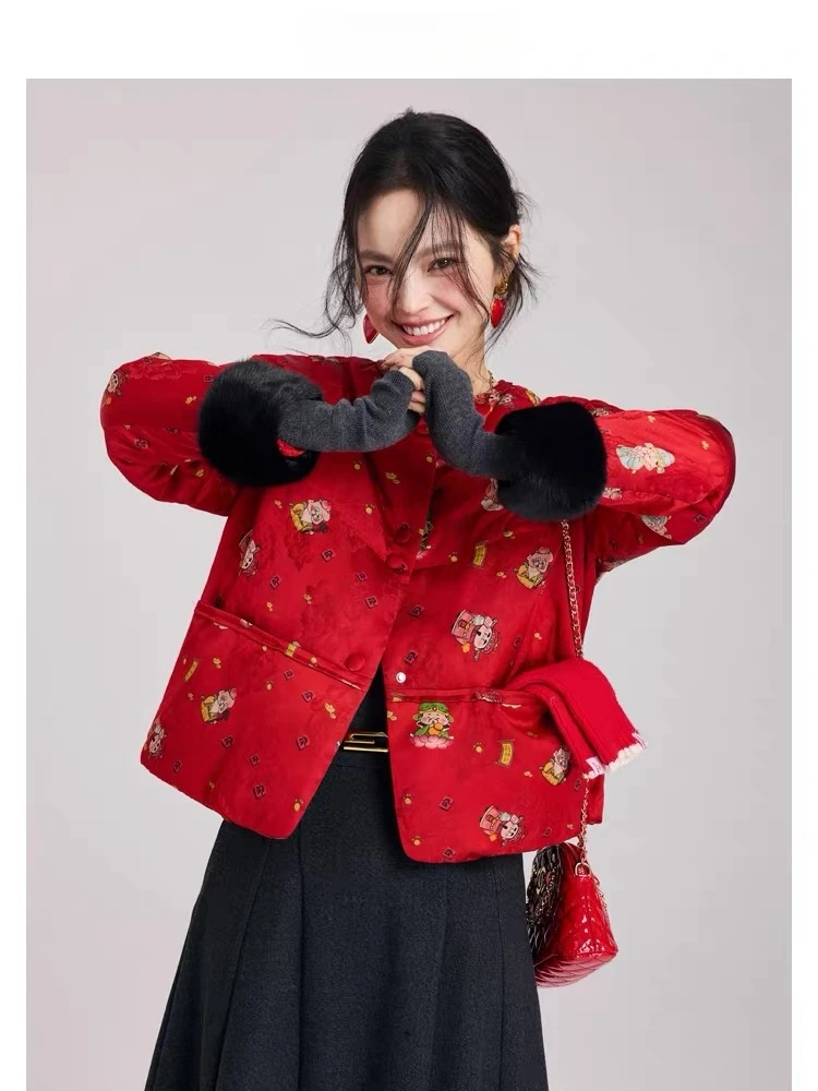 南油高端桑蚕丝水貂毛皮草新年洋气小香风时尚小财神鹅绒女羽绒服