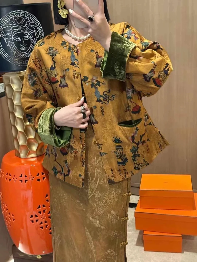 新中式云～纱提花棉服棉衣女冬季撞色拼接夹棉外套