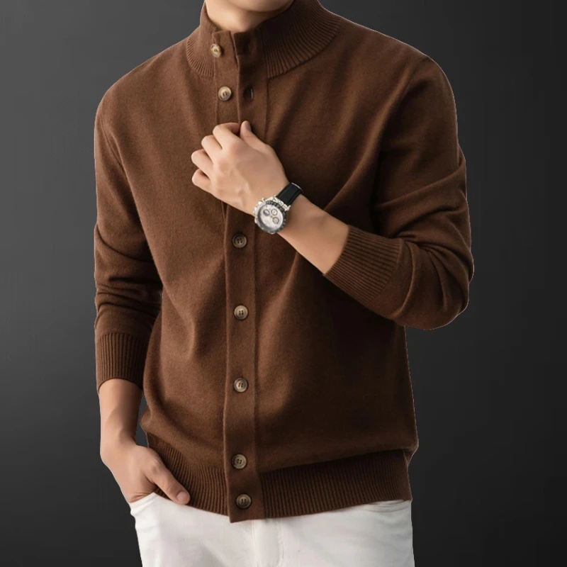 2025年秋季新款男士立领针织开衫冬季加厚毛衣纯色休闲羊毛衫外套
