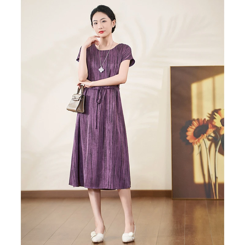 迪欧芙2025夏季圆领连衣裙宽松中长款提花时尚拼接休闲#XLQ18220