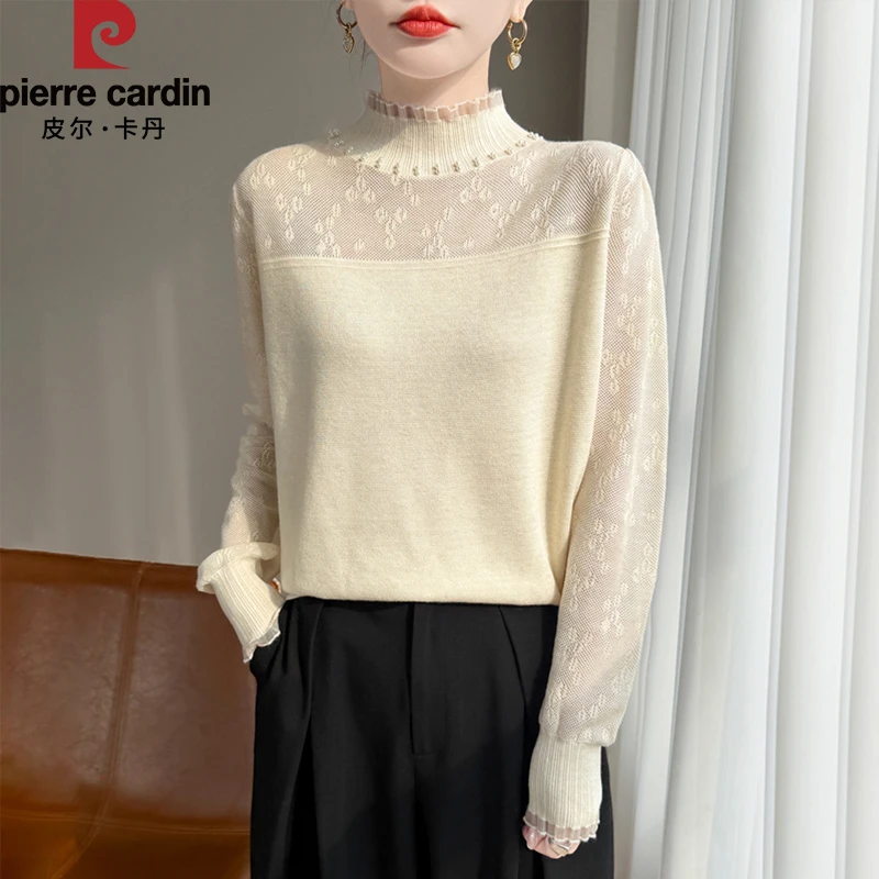 皮尔卡丹新款时尚气质半高领蕾丝打底长袖针织衫百搭优雅上衣女