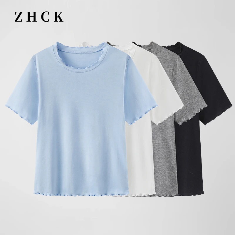 ZHCK木耳边圆领短袖T恤夏季2025新款百搭时尚简约纯色显瘦上衣女