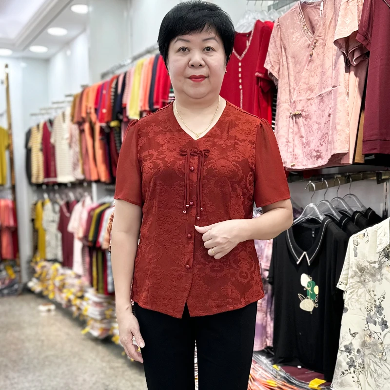 新中式国风夏季小个子妈妈装短袖提花T恤喜婆婆中老年短款上衣女