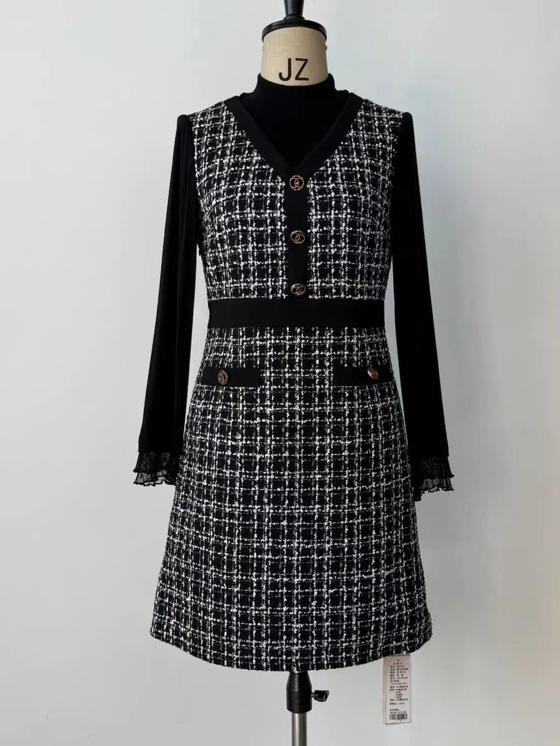 【依帆专属】F143依帆专属女装早秋假两件时尚A字裙千鸟格纯色长裙