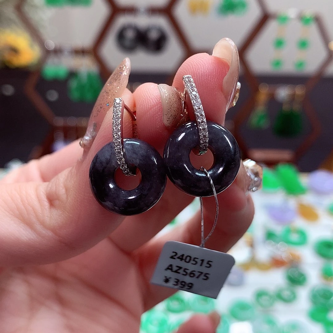 翡翠耳饰银S925镶嵌天然翡翠