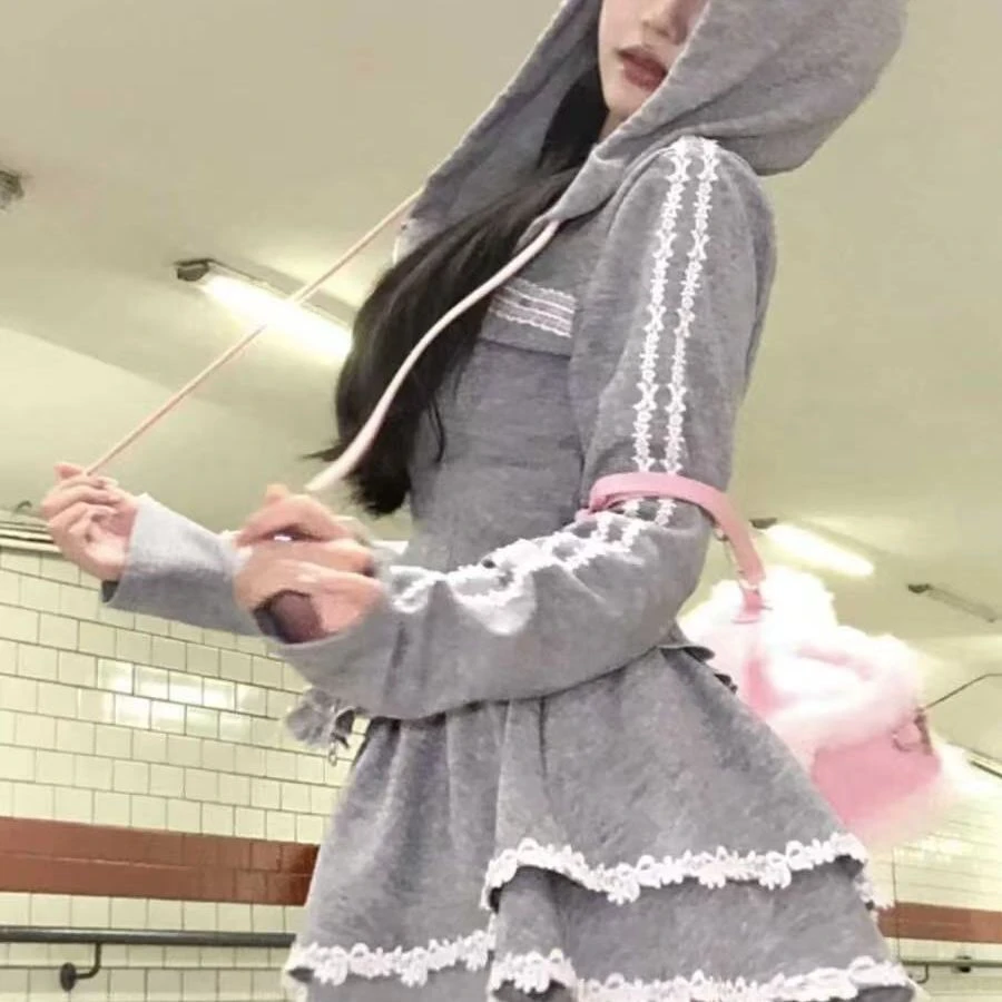 甜美小个子套装甜辣早秋纯欲风连帽上衣半身裙半身两件套短裙