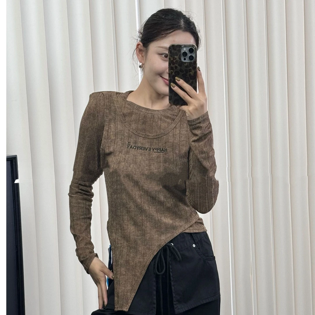 【c167】咖色/黑色小衫 修身女