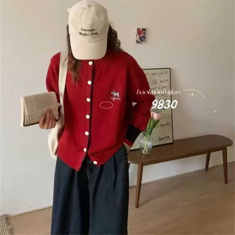 花倾慕撞色小狗刺绣针织开衫春秋新款韩版软糯毛衣外套上衣59066