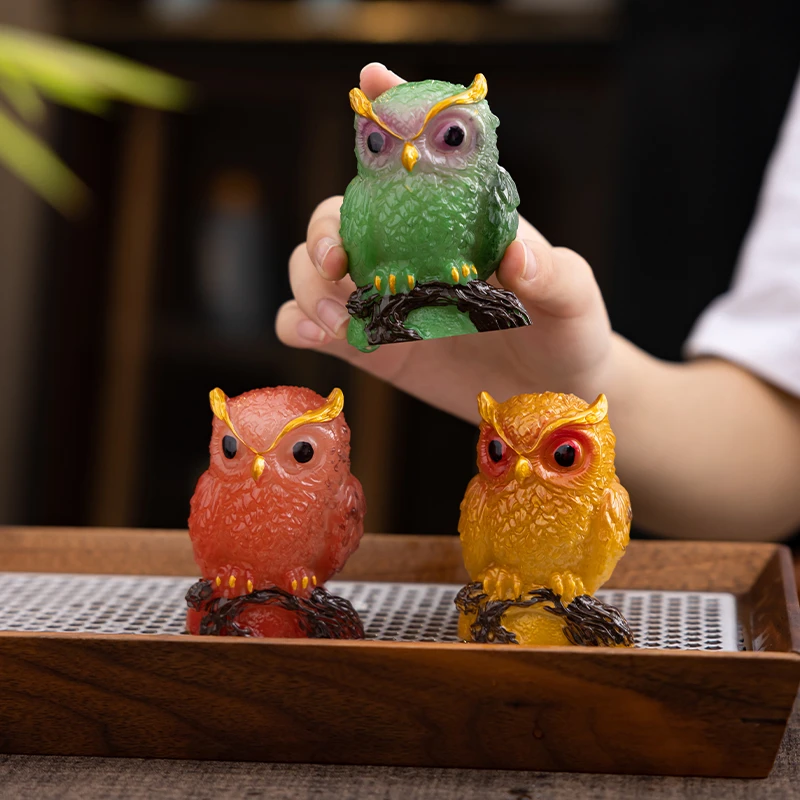 变色猫头鹰茶桌茶宠桌面伙伴可爱好看送礼选择中式家用摆件