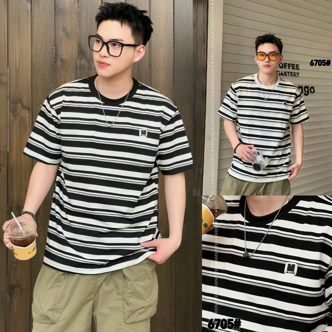 【夏季条纹短袖】6705经典小标百搭透气半袖休闲宽松男士圆领棉t恤