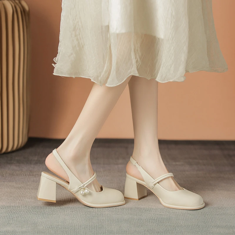 仙女风真皮粗跟玛丽珍凉鞋女2025新款夏法式气质珍珠配裙高跟单鞋